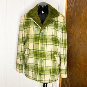 VINTAGE 1960s Green Wool Plaid Jacket | Tartan Check Hunting Coat Unisex S/M